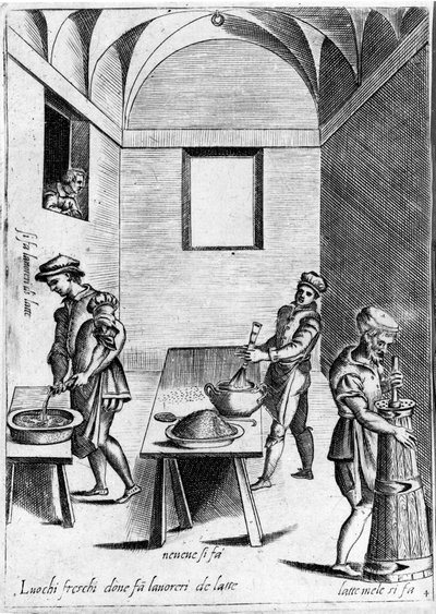 Werken met melk (zuivelproduct) op een koele plaats. Gravure uit “Opera”, boek over gastronomie verdeeld in 6 delen, door Bartolomeo Scappi, persoonlijke kok van paus Pius V. Venetië door Italian School