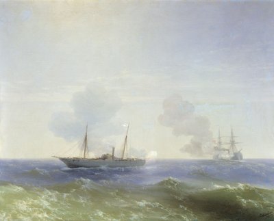 Russisch: "Gevecht van het stoomschip Vesta met het Turkse slagschip Fehti-Bulend in de Zwarte Zee op 11 juli 1877 " Gevecht van het stoomschip Vesta met het Turkse slagschip Fehti-Bulend in de Zwarte Zee op 11 juli 1877 door Ivan Aivazovsky