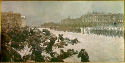 Begin van de Russische Revolutie van 1905: Schieten op het Paleisplein op 22 januari door Ivan Alexeyevich Vladimirov
