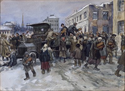 Hongerende arbeiders in Petrograd beroven een militaire vrachtwagen van brood door Ivan Alexeyevich Vladimirov