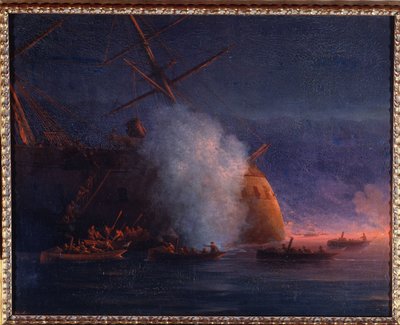 Russisch-Turkse oorlog van 1877-1878: de aanval van Russische zeilschepen op het Turkse stoomslagschip Assari Shevket in de Zwarte Zee op 12 augustus 1877 door Ivan Konstantinovich Aivazovsky