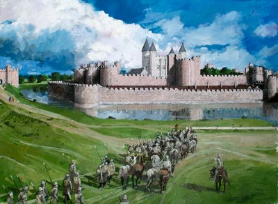 Gereconstrueerd aanzicht van de Tower of London, met de voltooide buitenste gordijnmuur van koning Edward I in 1300 door Ivan Lapper