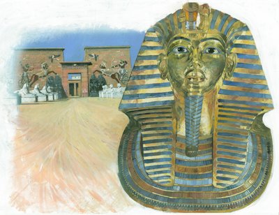 Het gouden masker van de mummie van de Egyptische farao Toetanchamon, met een oud Egyptisch tempelcomplex op de achtergrond door Ivan Lapper