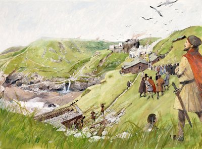 Tintagel Castle in de middeleeuwen (aquarel op papier) door Ivan Lapper