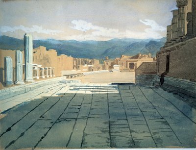 Pompeii. Zicht op het forum van de Romeinse ruïnes in de baai van Napels, voor de Vesuvius. Werk van Ivan Nikolayevich Kramskoi (1837-1887), aquarel op papier door Ivan Nikolaevich Kramskoy