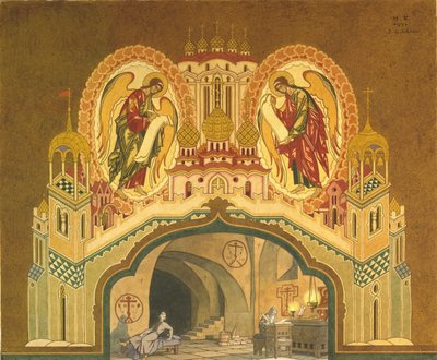 Chudov-klooster. Decorontwerp voor de opera Boris Godoenov door M. Moessorgski door Ivan Yakovlevich Bilibin