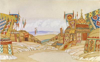 Het Polovtsische kamp. Decorontwerp voor de opera Prins Igor door A. Borodin door Ivan Yakovlevich Bilibin