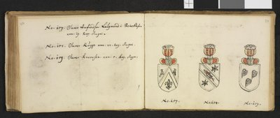 Illustratie uit een privéarchief in de Nationale Bibliotheek met de titel Insignia quædam virorum illustrium in Norvegia quodam habitantium van Iver Nielssøn Hirtzholm door Iver Hirtzholm