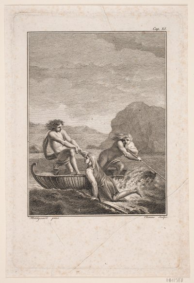 De schipbreukeling Niels Klim wordt gered door twee Qvamiter in een wilgenboot door J.F. Clemens