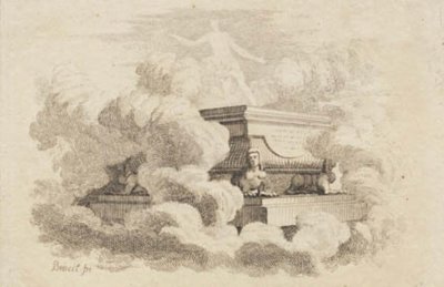 In de wolken rust een sarcofaag op vier sfinxen door J.F. Clemens