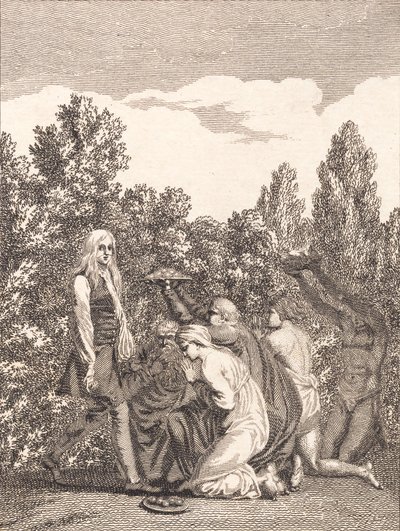 Niels Klim wordt geëerd door de Qvamiten, die hem geschenken brengen en voor hem knielen door J.F. Clemens
