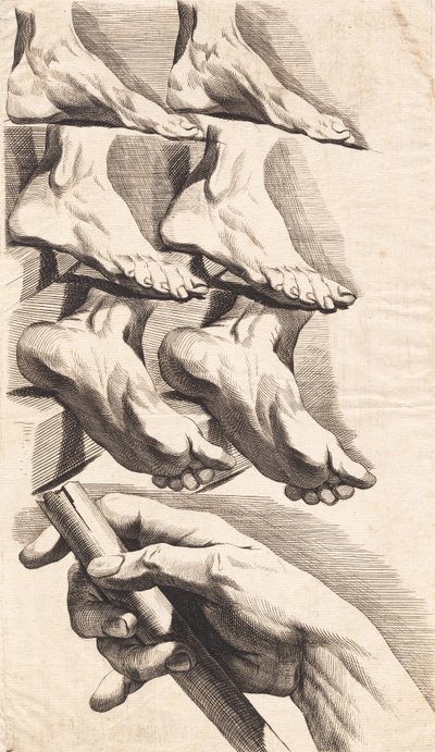 Studieblad van voeten en een hand die een staf vasthoudt door J.F. Clemens