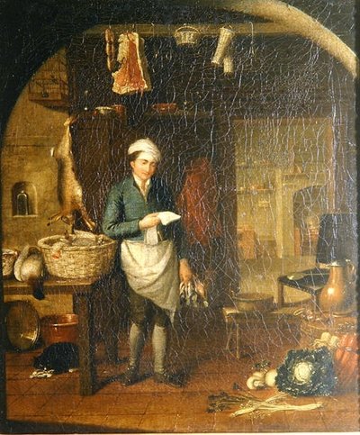 Keukeninterieur met een bediende door J.H. Schack