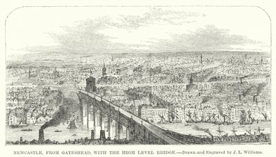 Newcastle, vanaf Gateshead, met de High Level Bridge (gravure) door J.L. (after) Williams
