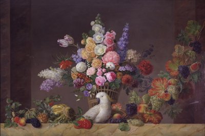 Een mand met bloemen, een kaketoe en een fruitrank door J.L. Camradt