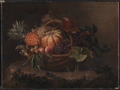 Een mand met fruit op een boomstronk door J.L. Jensen