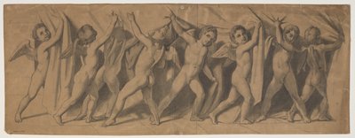 Ontwerp voor het gordijn van het Koninklijk Theater; putti die het gordijn opzij trekken door J.L. Lund