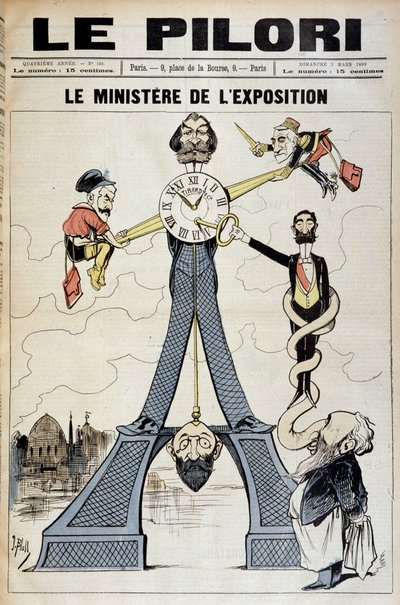 De minister van Tentoonstelling (cartoon over financiële schandalen aan het einde van de 19e eeuw en de Eiffeltoren). Illustratie door J. Blass