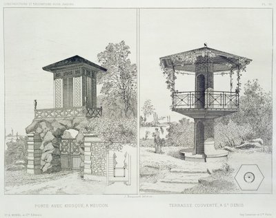 Portaal met kiosk, Meudon, en overdekt terras, St. Denis, uit een volume met ontwerpen van verschillende architecten, uitgegeven door Morel & Cie, Parijs, ca. 1880 door J. Boussard