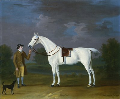 Tabby Runt, een grijze jager met zijn eigenaar en een terriër in een rivierlandschap, 1776 door J. Francis Sartorius