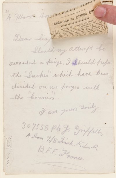 Brief aan de wedstrijdredacteur van de Liverpool Weekly Courier, 1917 door J. Griffiths