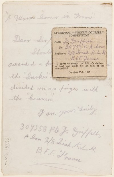 Brief aan de wedstrijdredacteur van de Liverpool Weekly Courier, 1917 door J. Griffiths