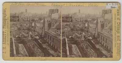 Het uitzicht oost vanaf het gerechtsgebouw na de brand van Chicago in 1871 door J. H. Abbott