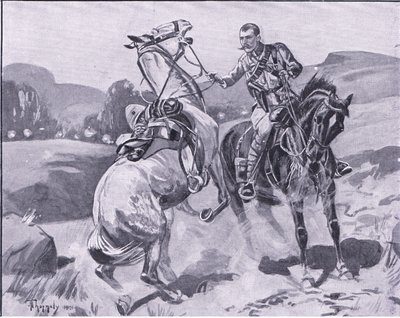 Majoor Brown, 14e Huzaren, houdt luitenant Browns paard vast onder zwaar vuur, illustratie uit Na Pretoria: De Guerrillaoorlog, 1902 door J. H. Thorneley