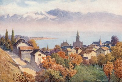 Morges en het Meer vanaf de Weg naar Vufflens (kleur litho) door J. Hardwicke Lewis