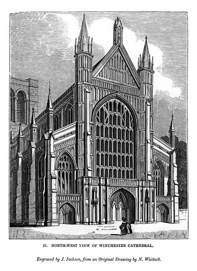 Noordwestelijk uitzicht op de kathedraal van Winchester, 1843 door J. Jackson