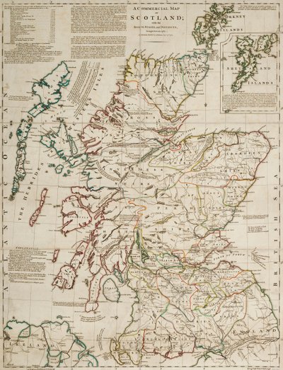Een commerciële kaart van Schotland met de wegen, etappes en afstanden door J. Knox