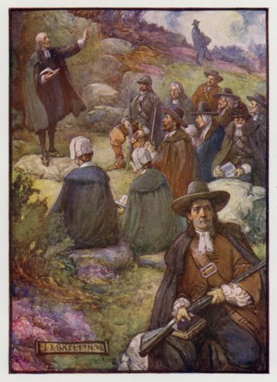 Gewapende wachters houden de wacht tijdens een bijeenkomst van Schotse Covenanters, 17e eeuw door J. R. Skelton