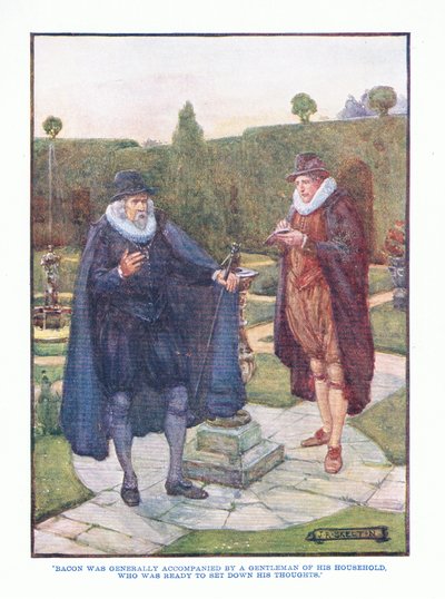 Bacon werd meestal vergezeld door een heer van zijn huishouden, uit Engelse Literatuur uitgegeven door T C & EC Jack, ca. 1920 door J. R. Skelton