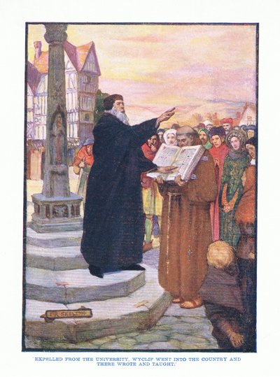 Verbannen van de universiteit, ging Wyclif naar het platteland en schreef en onderwees daar, uit Engelse Literatuur uitgegeven door T C & EC Jack, ca. 1920 door J. R. Skelton