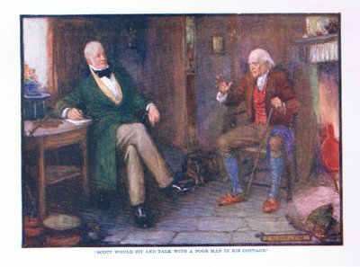 Scott zou zitten en praten met een arme man in zijn huisje, uit Engelse Literatuur uitgegeven door T C & EC Jack, ca. 1920 door J. R. Skelton