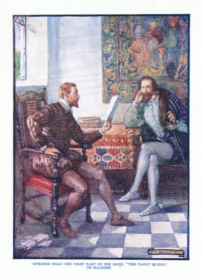 Spenser las het eerste deel van zijn boek The Faery Queen aan Raleigh, uit Engelse Literatuur uitgegeven door T C & EC Jack, ca. 1920 door J. R. Skelton