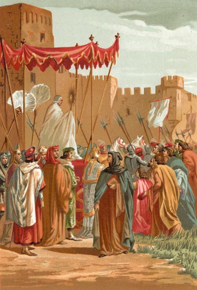 Ontmoeting van Petrarca en Guy de Chauliac buiten het kasteel van de Pausen in Avignon door J. Serra
