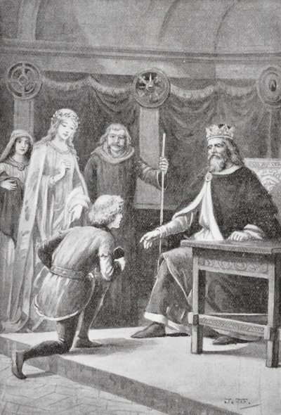Gareth kwam om zijn tweede gunst te vragen, dat hij een van de ridders van de koning zou zijn en de dame zou mogen helpen (litho) door J. Williamson