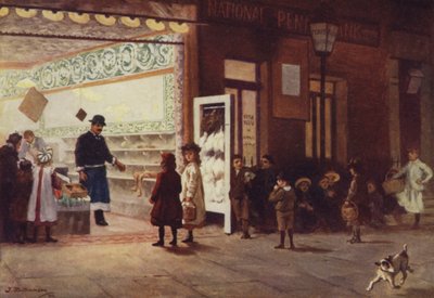 Markt op zaterdagavond (kleur litho) door J. Williamson