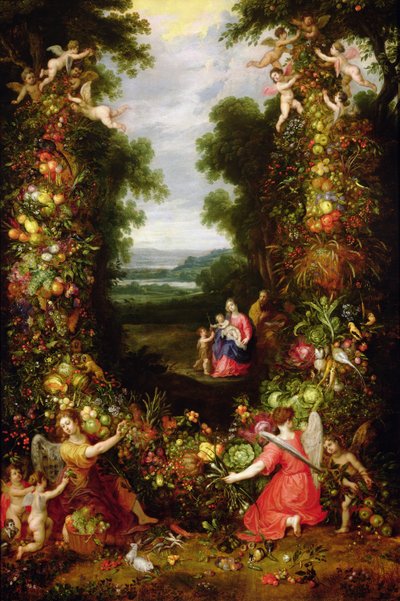 Heilige Familie in een landschap met een krans van fruit en groenten door J. and Avont, P. van Brueghel