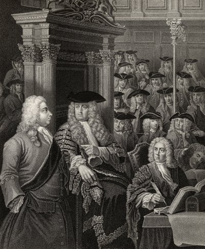 Het Lagerhuis tijdens de administratie van Sir Robert Walpole, gegraveerd door R. Page, uit 