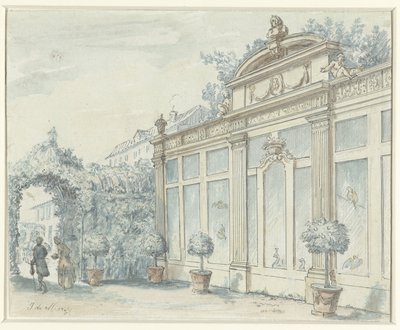 Gezicht in een Franse tuin met heer en dame door J. de Marsy