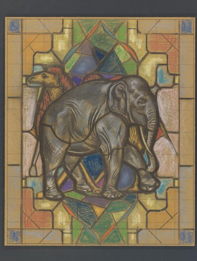 Ontwerp voor een glas in loodraam met een olifant en kameel door Jaap Weyand