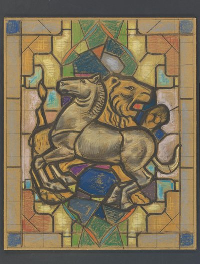 Ontwerp voor een glas in loodraam met een paard en leeuw door Jaap Weyand