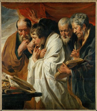 De vier evangelisten Matteüs, Lucas, Marcus en Johannes ... door Jacob (studio of) Jordaens