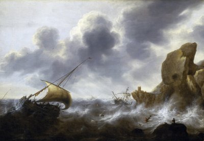 Een vissersboot gevangen in een storm nabij een rotsachtige kust, met een schipbreuk, door Jacob Adriaensz Bellevois door Jacob Adriaensz. Bellevois