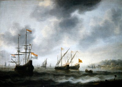 Het Nederlandse Vlaggenschip De Roode Leeuw en Twee Engelse Schepen door Jacob Adriaensz. Bellevois