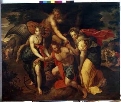 De drie leeftijden van de mens. Een man in de kracht van zijn leven wordt ondersteund door engelen terwijl hij wankelt door Jacob Adriensz Backer