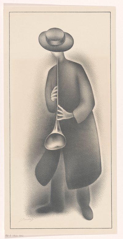 Straatmuzikant met blaasinstrument door Jacob Bendien (signed by artist)