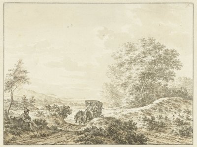 Heuvelachtig landschap met reiswagen door Jacob  Cats